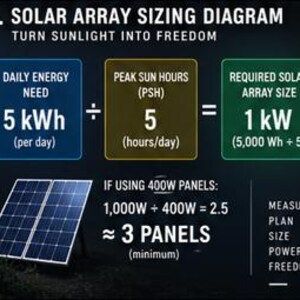May include: A solar array sizing diagram with the text 4. SOLAR ARRAY SIZING DIAGRAM TURN SUNLIGHT INTO FREEDOM. It shows a calculation: 5 kWh divided by 5 peak sun hours equals a 1 kW required solar array size, resulting in 3 panels minimum.