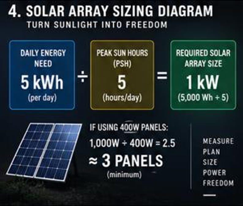 May include: A solar array sizing diagram with the text 4. SOLAR ARRAY SIZING DIAGRAM TURN SUNLIGHT INTO FREEDOM. It shows a calculation: 5 kWh divided by 5 peak sun hours equals a 1 kW required solar array size, resulting in 3 panels minimum.