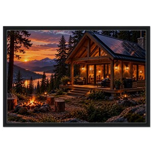 May include: A framed wall art print depicting a wooden cabin with a solar panel roof at sunset. The scene features a glowing campfire, a lake, and mountain silhouettes in the background. Warm lights illuminate the cabin porch and interior.