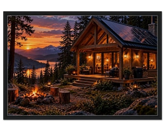 May include: A framed wall art print depicting a wooden cabin with a solar panel roof at sunset. The scene features a glowing campfire, a lake, and mountain silhouettes in the background. Warm lights illuminate the cabin porch and interior.