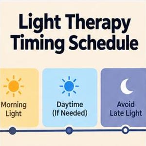 May include: A Light Therapy Timing Schedule graphic with dark blue text on a cream background. It features three sections: a yellow box with a sun icon labeled Morning Light, a blue box with a sun icon labeled Daytime (If Needed), and a purple box with a moon icon labeled Avoid Late Light, all connected by a horizontal line.