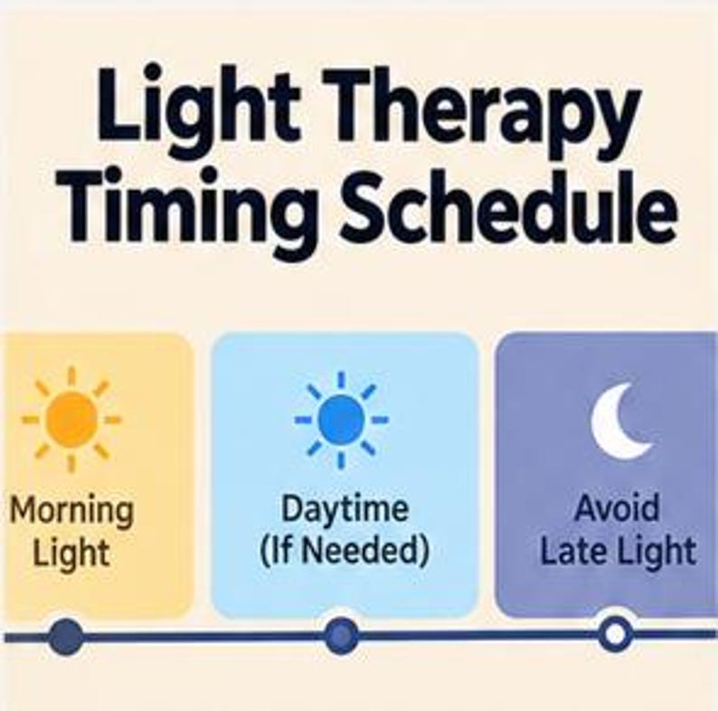 May include: A Light Therapy Timing Schedule graphic with dark blue text on a cream background. It features three sections: a yellow box with a sun icon labeled Morning Light, a blue box with a sun icon labeled Daytime (If Needed), and a purple box with a moon icon labeled Avoid Late Light, all connected by a horizontal line.