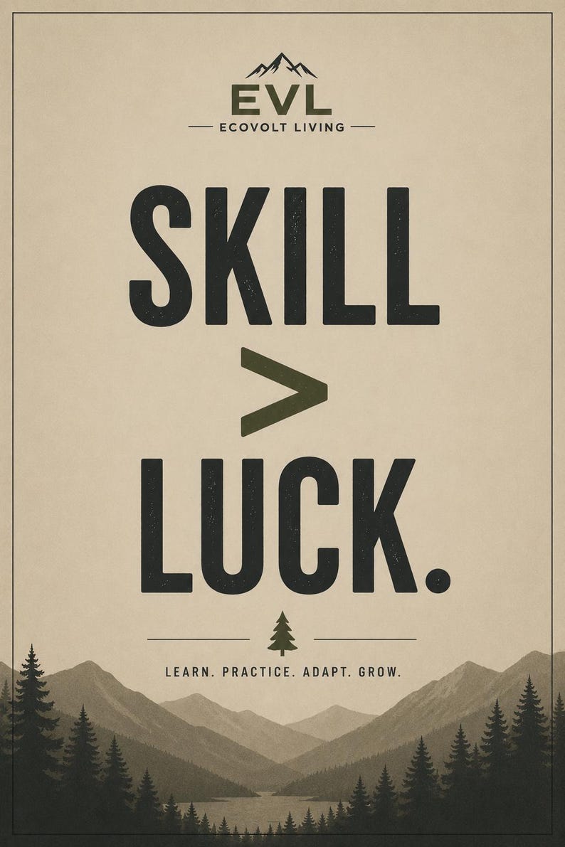 May include: A rectangular poster with a beige background featuring the text EVL ECOVOLT LIVING above the words SKILL > LUCK in large black font. Below this is a small tree icon and the text LEARN. PRACTICE. ADAPT. GROW. over a mountain landscape.
