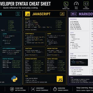 K&ouml;nnte beinhalten: Ein schwarzes Entwickler-Syntax-Spickzettel-Poster mit drei Spalten f&uuml;r Python, JavaScript und Markdown. Das Layout enth&auml;lt Code-Schnipsel, Syntax-Beispiele und Tipps f&uuml;r jede Sprache, dargestellt mit wei&szlig;em Text auf dunklem Hintergrund und Symbolen.