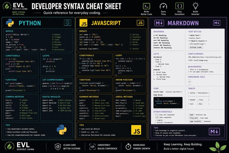 K&ouml;nnte beinhalten: Ein schwarzes Entwickler-Syntax-Spickzettel-Poster mit drei Spalten f&uuml;r Python, JavaScript und Markdown. Das Layout enth&auml;lt Code-Schnipsel, Syntax-Beispiele und Tipps f&uuml;r jede Sprache, dargestellt mit wei&szlig;em Text auf dunklem Hintergrund und Symbolen.