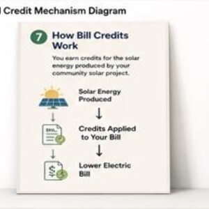 May include: A rectangular informational diagram titled 9 Bill Credit Mechanism Diagram and 7 How Bill Credits Work. It explains that solar energy production leads to bill credits and a lower electric bill, using icons of a solar panel and bills.