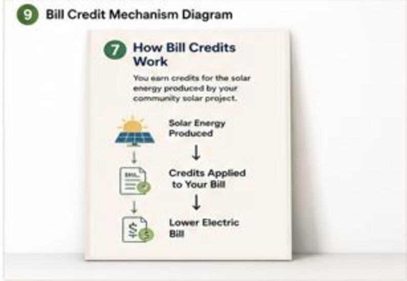 May include: A rectangular informational diagram titled 9 Bill Credit Mechanism Diagram and 7 How Bill Credits Work. It explains that solar energy production leads to bill credits and a lower electric bill, using icons of a solar panel and bills.