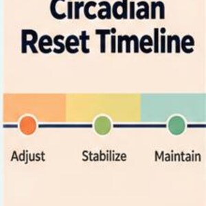 May include: A rectangular chart with a light peach background featuring the dark blue text Circadian Reset Timeline. Below, a horizontal line displays three colored segments in orange, yellow, and teal, each marked with a circle and the labels Adjust, Stabilize, and Maintain.