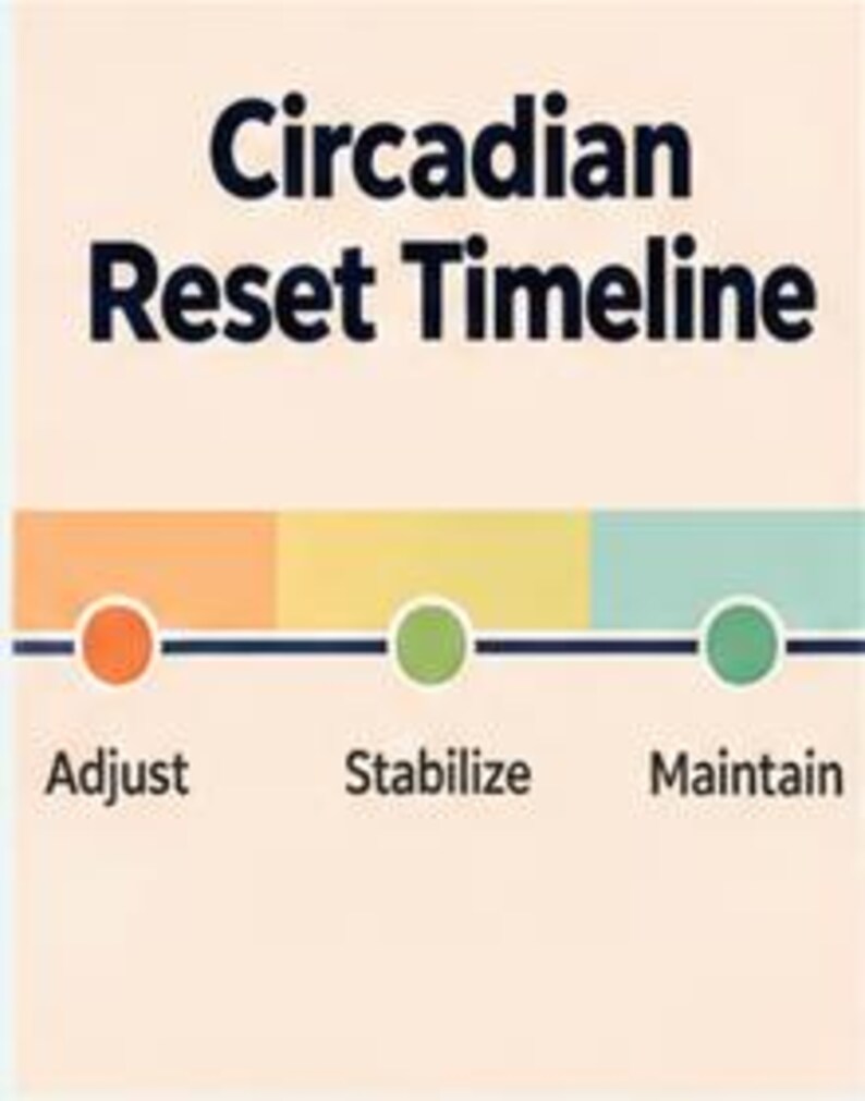 May include: A rectangular chart with a light peach background featuring the dark blue text Circadian Reset Timeline. Below, a horizontal line displays three colored segments in orange, yellow, and teal, each marked with a circle and the labels Adjust, Stabilize, and Maintain.