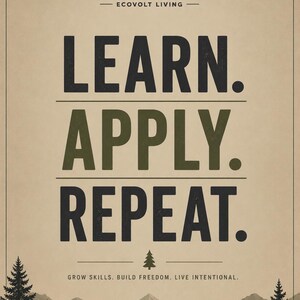May include: A poster with a beige background featuring the text LEARN. APPLY. REPEAT. in large black and olive green letters. Above is the EVL ECOVOLT LIVING logo with a mountain icon. Below is the text GROW SKILLS. BUILD FREEDOM. LIVE INTENTIONAL.