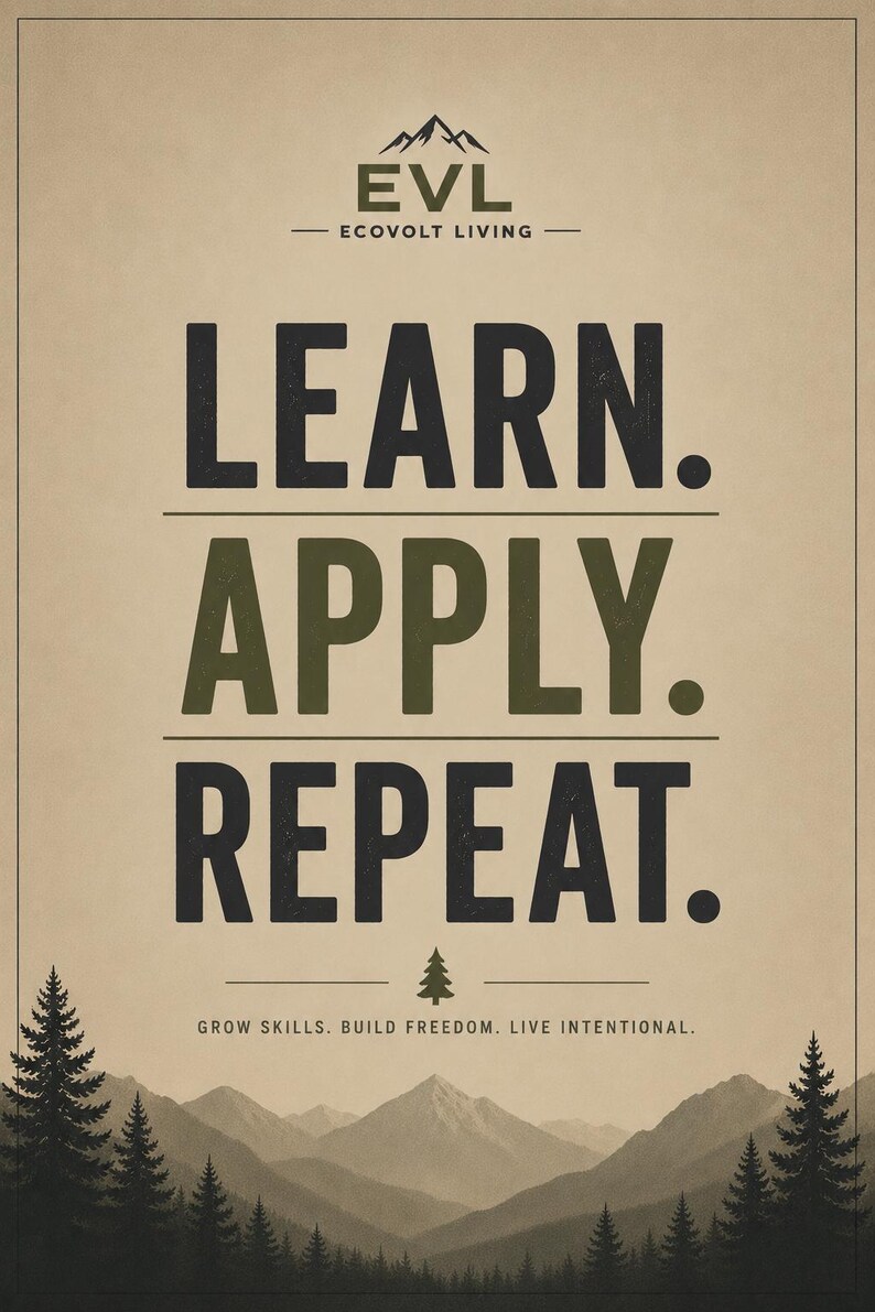 May include: A poster with a beige background featuring the text LEARN. APPLY. REPEAT. in large black and olive green letters. Above is the EVL ECOVOLT LIVING logo with a mountain icon. Below is the text GROW SKILLS. BUILD FREEDOM. LIVE INTENTIONAL.