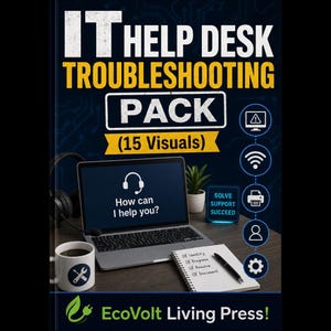 May include: An IT Help Desk Troubleshooting Pack featuring 15 visuals. The image shows a laptop with a headset icon and the text 'How can I help you?', a mug with a wrench icon, a notepad with a checklist, and a vertical column of tech icons.