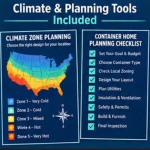 May include: A dark blue informational graphic titled Climate & Planning Tools Included. It features a map of the United States color-coded by climate zones, a compass rose, and a Container Home Planning Checklist with nine checked items.