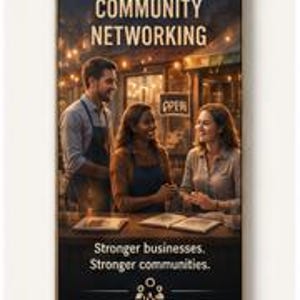 May include: A rectangular poster featuring the text SMALL BUSINESS & COMMUNITY NETWORKING at the top and Stronger businesses. Stronger communities. at the bottom. Three people are shown talking around a table with books in a warm, lit setting.