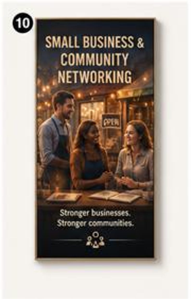 May include: A rectangular poster featuring the text SMALL BUSINESS & COMMUNITY NETWORKING at the top and Stronger businesses. Stronger communities. at the bottom. Three people are shown talking around a table with books in a warm, lit setting.