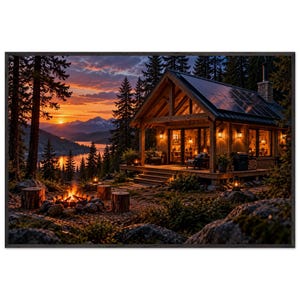May include: A framed wall art print depicting a wooden cabin with solar panels on the roof, situated in a forest at sunset. A campfire burns in the foreground near tree stumps, with a lake and distant mountains visible under a colorful sky.