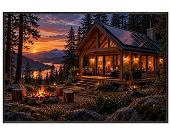 May include: A framed wall art print depicting a wooden cabin with solar panels on the roof, situated in a forest at sunset. A campfire burns in the foreground near tree stumps, with a lake and distant mountains visible under a colorful sky.