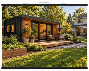 Può includere: Un container nero convertito in un'abitazione moderna con pannelli in legno, grandi porte scorrevoli in vetro e una terrazza in legno. La struttura è situata in un giardino con un prato verde e alberi ad alto fusto.