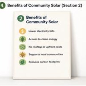 May include: An informational graphic titled Benefits of Community Solar, listing five points: lower electricity bills, access to clean energy, no rooftop or upfront costs, supports local communities, and reduces carbon footprint, each with a circular icon.