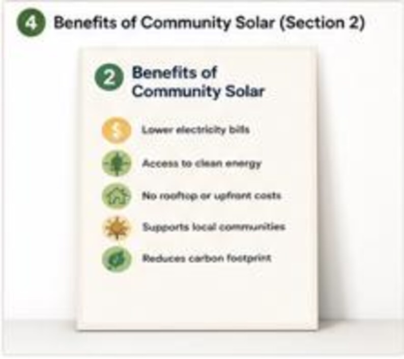 May include: An informational graphic titled Benefits of Community Solar, listing five points: lower electricity bills, access to clean energy, no rooftop or upfront costs, supports local communities, and reduces carbon footprint, each with a circular icon.
