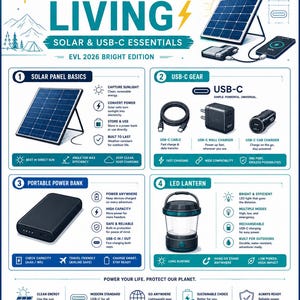 May include: An infographic titled RECHARGEABLE LIVING SOLAR & USB-C ESSENTIALS EVL 2026 BRIGHT EDITION. It illustrates solar panels, USB-C cables, wall and car chargers, a portable power bank, and an LED lantern with descriptive icons and text.