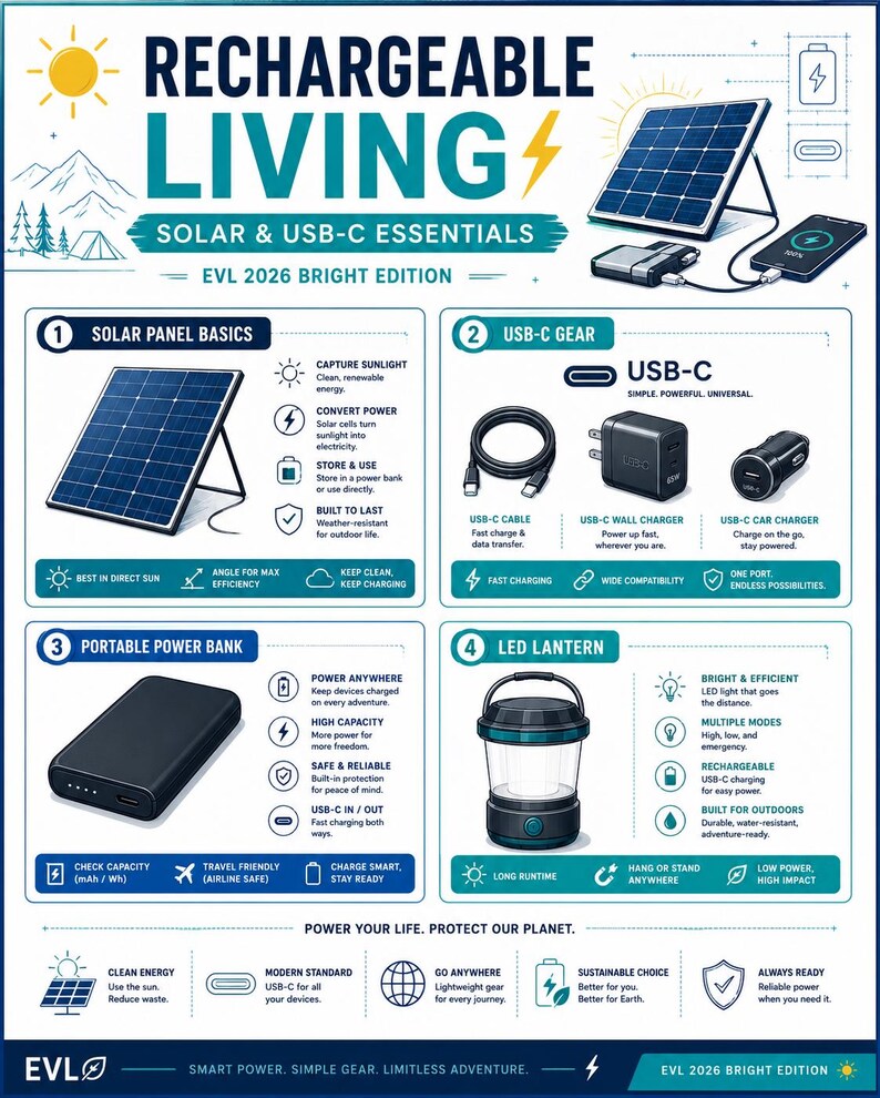 May include: An infographic titled RECHARGEABLE LIVING SOLAR & USB-C ESSENTIALS EVL 2026 BRIGHT EDITION. It illustrates solar panels, USB-C cables, wall and car chargers, a portable power bank, and an LED lantern with descriptive icons and text.
