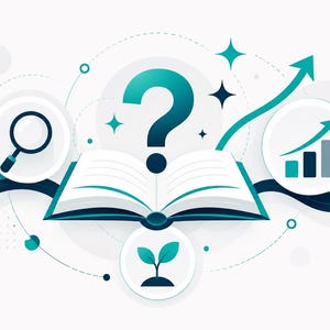 May include: A graphic illustration featuring an open book centred below a large teal question mark. To the left is a magnifying glass icon, to the right is a bar chart with an upward arrow, and below is a small green plant sprout icon.