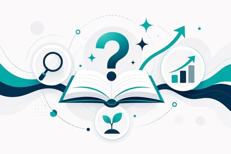 May include: A graphic illustration featuring an open book centred below a large teal question mark. To the left is a magnifying glass icon, to the right is a bar chart with an upward arrow, and below is a small green plant sprout icon.