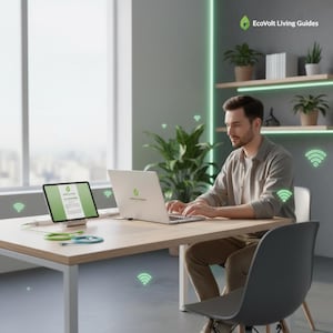 May include: A man is seated at a wooden desk, working on a laptop and a tablet. The laptop and tablet display the EcoVolt Living Guides logo. Green Wi-Fi symbols are around the man. The room has plants and a shelf with books. The text "EcoVolt Living Guides" is visible.