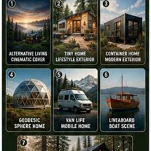 May include: A set of 3 posters labeled Set A (1-7) featuring seven distinct images: a sunset lake, a tiny home, a container home, a geodesic dome, a white van, a wooden boat, and a forest cabin, each with descriptive text below the image.