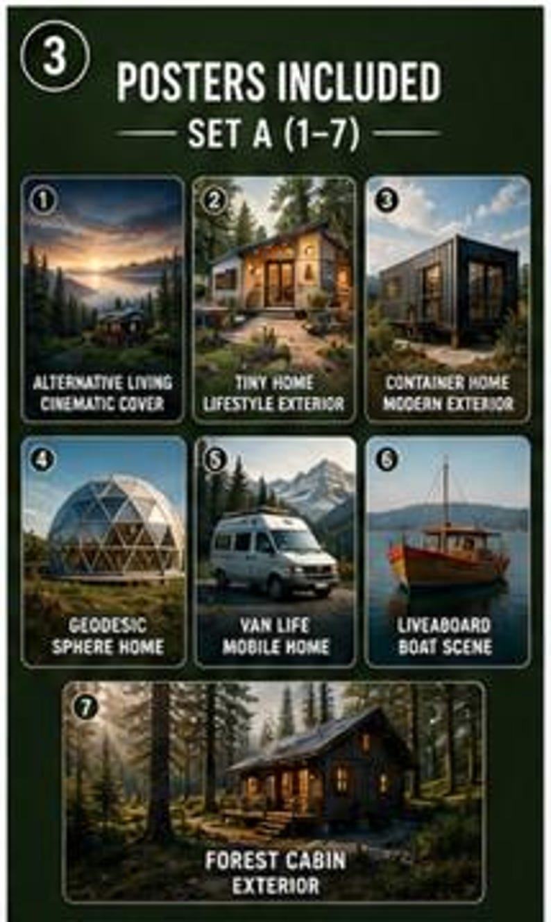 May include: A set of 3 posters labeled Set A (1-7) featuring seven distinct images: a sunset lake, a tiny home, a container home, a geodesic dome, a white van, a wooden boat, and a forest cabin, each with descriptive text below the image.