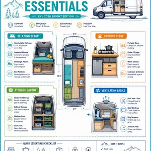 May include: An infographic titled VAN SETUP ESSENTIALS EVL 2026 BRIGHT EDITION showing a white van interior layout. It includes sections for sleeping, cooking, storage, and ventilation with diagrams, icons, and text labels for van conversion.