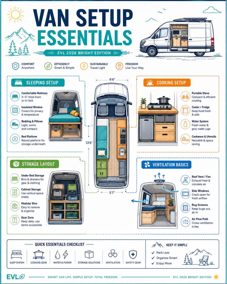 May include: An infographic titled VAN SETUP ESSENTIALS EVL 2026 BRIGHT EDITION showing a white van interior layout. It includes sections for sleeping, cooking, storage, and ventilation with diagrams, icons, and text labels for van conversion.