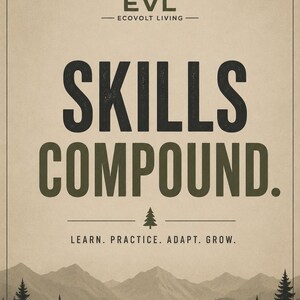May include: A vertical poster with a beige background featuring a mountain range illustration at the bottom. The text reads EVL ECOVOLT LIVING, SKILLS COMPOUND, and LEARN. PRACTICE. ADAPT. GROW. Dark green pine trees are silhouetted against the mountains.