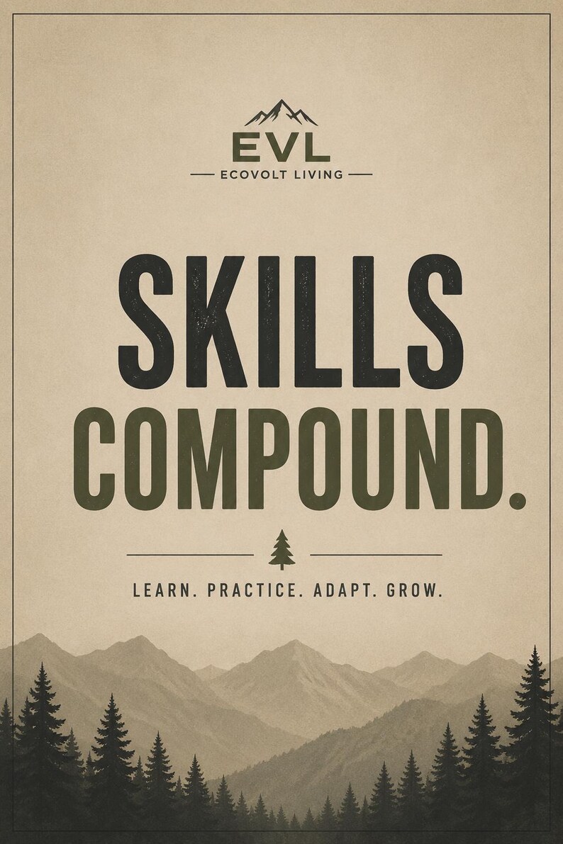 May include: A vertical poster with a beige background featuring a mountain range illustration at the bottom. The text reads EVL ECOVOLT LIVING, SKILLS COMPOUND, and LEARN. PRACTICE. ADAPT. GROW. Dark green pine trees are silhouetted against the mountains.
