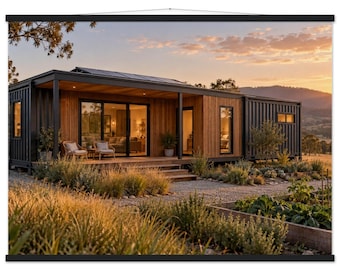Può includere: Un arazzo da parete con una fotografia paesaggistica di una casa moderna costruita con container marittimi con pannelli in legno, una terrazza coperta e pannelli solari, sotto un cielo al tramonto con un giardino in primo piano.