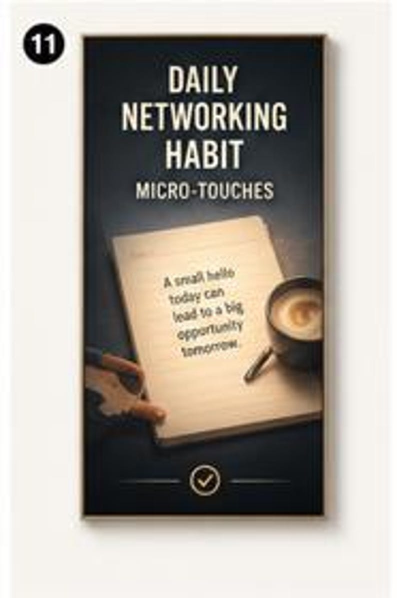 May include: A vertical rectangular sign with a dark background featuring the text DAILY NETWORKING HABIT MICRO-TOUCHES. Below, a notepad displays the text A small hello today can lead to a big opportunity tomorrow next to a cup of coffee.