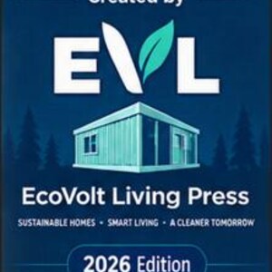May include: A dark blue rectangular graphic featuring the white text Created by EVL with a green leaf icon. Below is a light blue modular home illustration, the text EcoVolt Living Press, the phrase SUSTAINABLE HOMES - SMART LIVING - A CLEANER TOMORROW, and 2026 Edition.