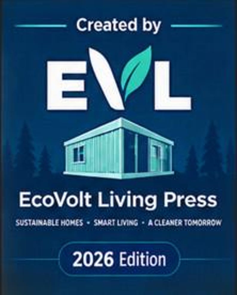 May include: A dark blue rectangular graphic featuring the white text Created by EVL with a green leaf icon. Below is a light blue modular home illustration, the text EcoVolt Living Press, the phrase SUSTAINABLE HOMES - SMART LIVING - A CLEANER TOMORROW, and 2026 Edition.