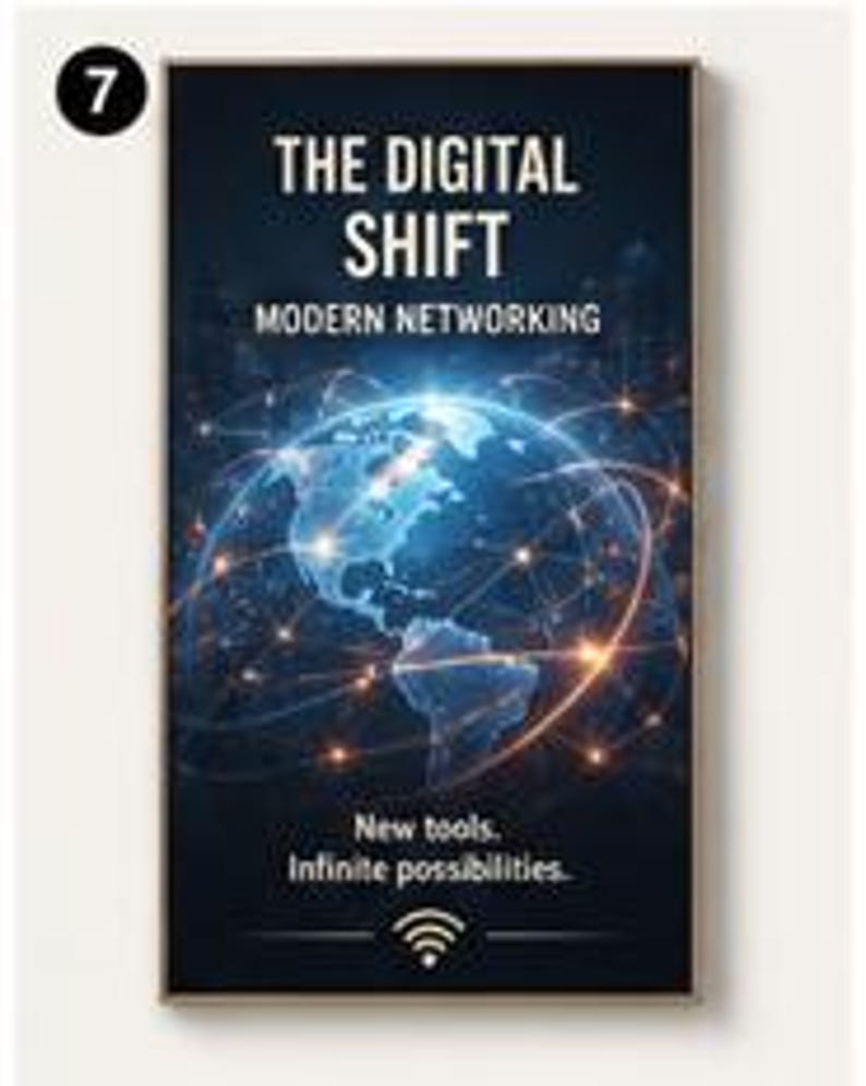 May include: A rectangular poster featuring a dark blue background with a glowing globe and interconnected lines. Text reads: THE DIGITAL SHIFT, MODERN NETWORKING, New tools. Infinite possibilities. A white Wi-Fi symbol is at the bottom.