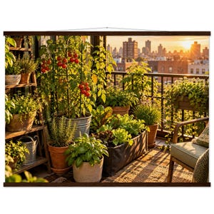 Urban Balcony Garden Wall Art | City Gardening & Green Living Print Museum-Quality Matte Paper Poster with Hanger image 1