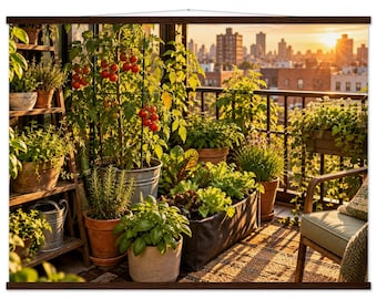 Può includere: Un arazzo da parete con una stampa ad alta risoluzione di un giardino su un balcone al tramonto. La scena mostra varie piante in vaso, tra cui una pianta di pomodoro con frutti rossi, erbe aromatiche e verdure a foglia verde.