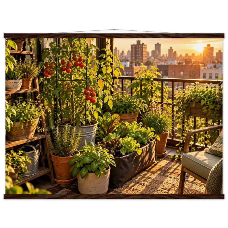 Urban Balcony Garden Wall Art | City Gardening & Green Living Print Museum-Quality Matte Paper Poster with Hanger image 1