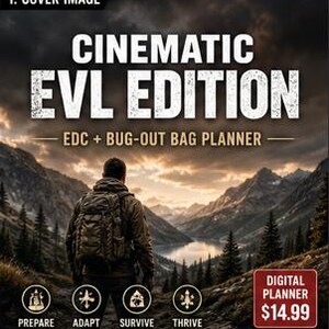 May include: A digital planner cover titled CINEMATIC EVL EDITION EDC + BUG-OUT BAG PLANNER. It features a person with a backpack looking at a mountain lake landscape. Four circular icons labeled PREPARE, ADAPT, SURVIVE, and THRIVE are visible.