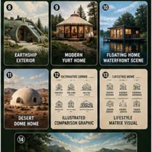 May include: A set of 4 posters labeled Set B (8-14) featuring architectural illustrations. Includes an earthship, modern yurt, floating home, desert dome, two comparison graphics with text, and a landscape scene of a cabin by a mountain river.