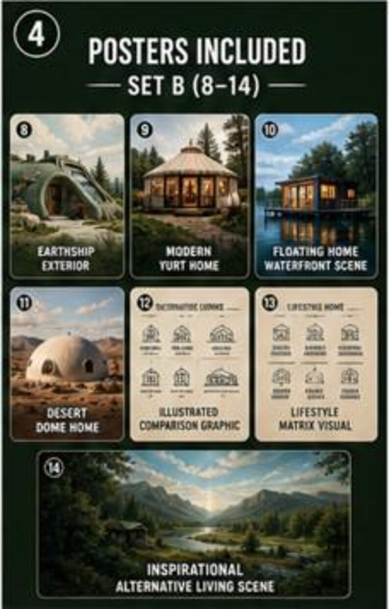 May include: A set of 4 posters labeled Set B (8-14) featuring architectural illustrations. Includes an earthship, modern yurt, floating home, desert dome, two comparison graphics with text, and a landscape scene of a cabin by a mountain river.