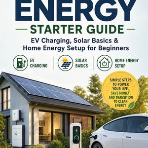 May include: A book cover titled "Clean Energy Starter Guide" with text about EV charging, solar basics, and home energy setup. The image shows a house with solar panels, an EV charger, and a white electric car.