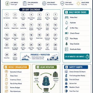May include: A white and blue infographic titled EVL 30-Day Vanlife Action Plan EVL 2026 Bright Edition. It features a 30-day calendar, daily micro-tasks, weekly organization, gear rotation diagrams, and vanlife values with icons and text.