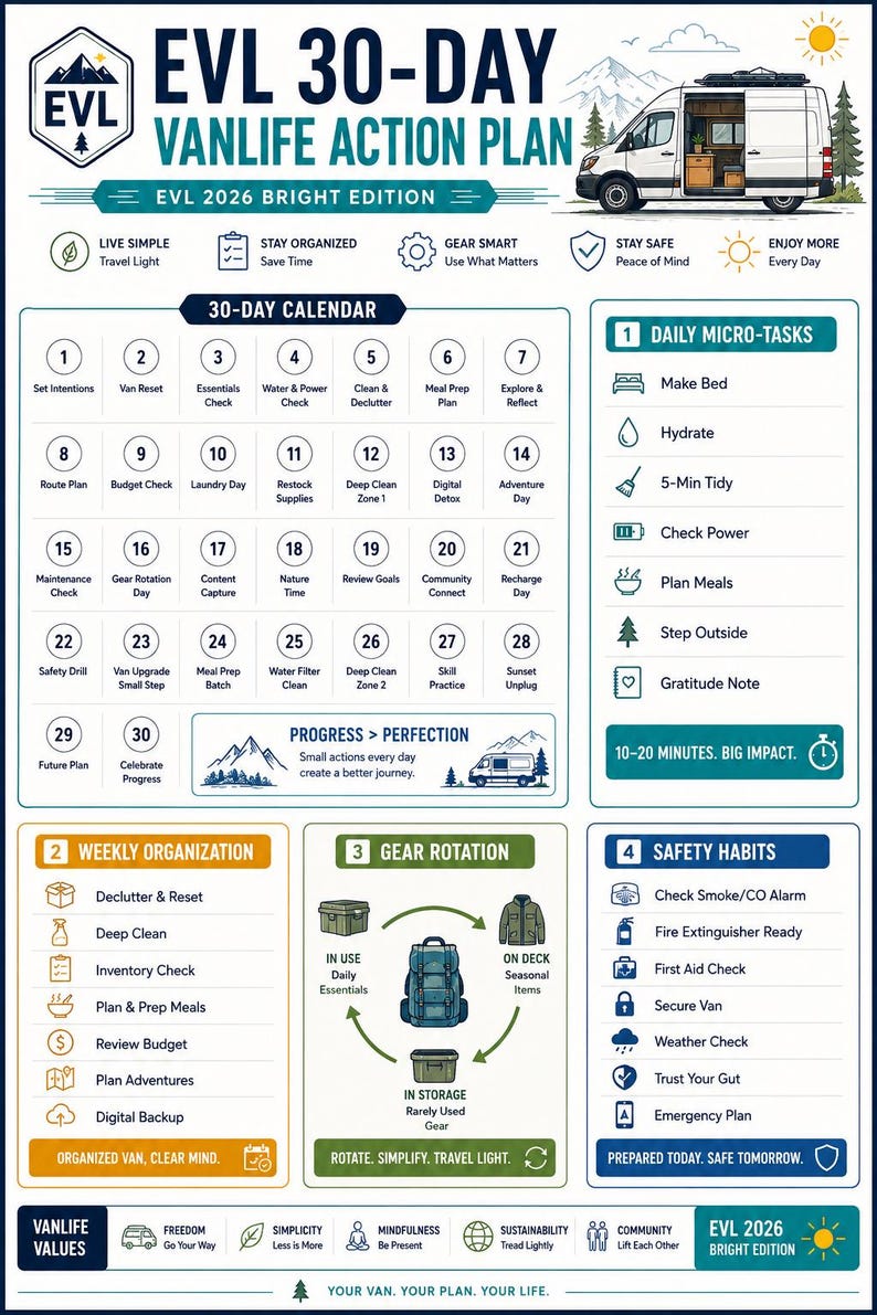 May include: A white and blue infographic titled EVL 30-Day Vanlife Action Plan EVL 2026 Bright Edition. It features a 30-day calendar, daily micro-tasks, weekly organization, gear rotation diagrams, and vanlife values with icons and text.