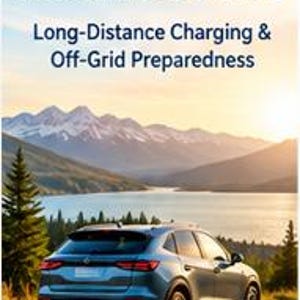 May include: A vertical guide titled EV Travel Readiness Guide: Long-Distance Charging & Off-Grid Preparedness. It features a mountain and lightning bolt logo, a silver SUV on a road by a lake and mountains, and icons for Plan Charge Explore and Confidence For Every Journey.